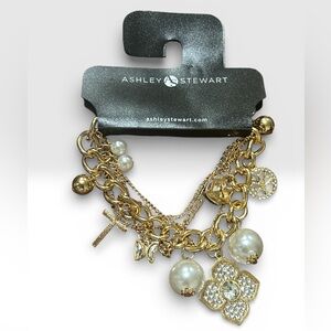 NWT Gold tone Multi-Strand Charm Bracelet - Pearls & Tree of Life Ashley Stewart